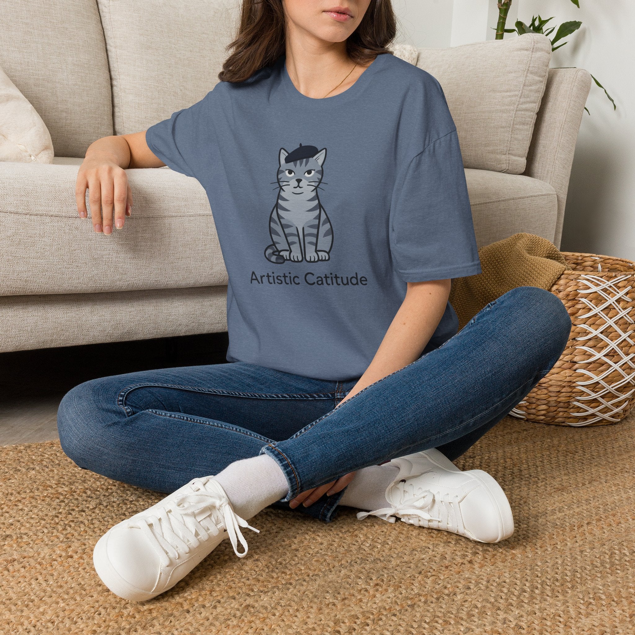 Gray Cat with Beret T-Shirt