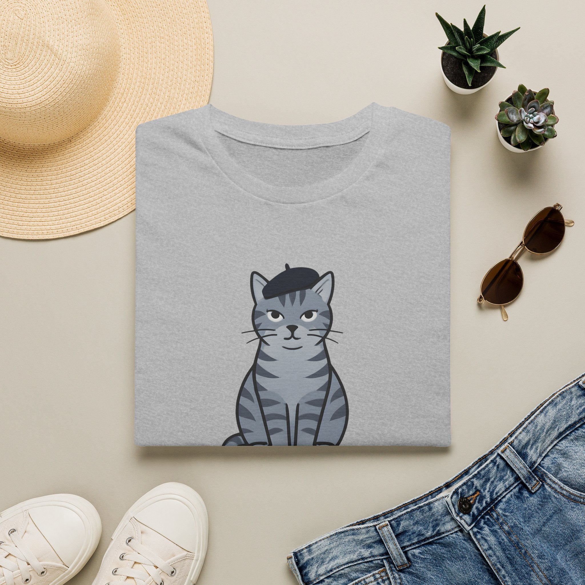 Gray Cat with Beret T-Shirt