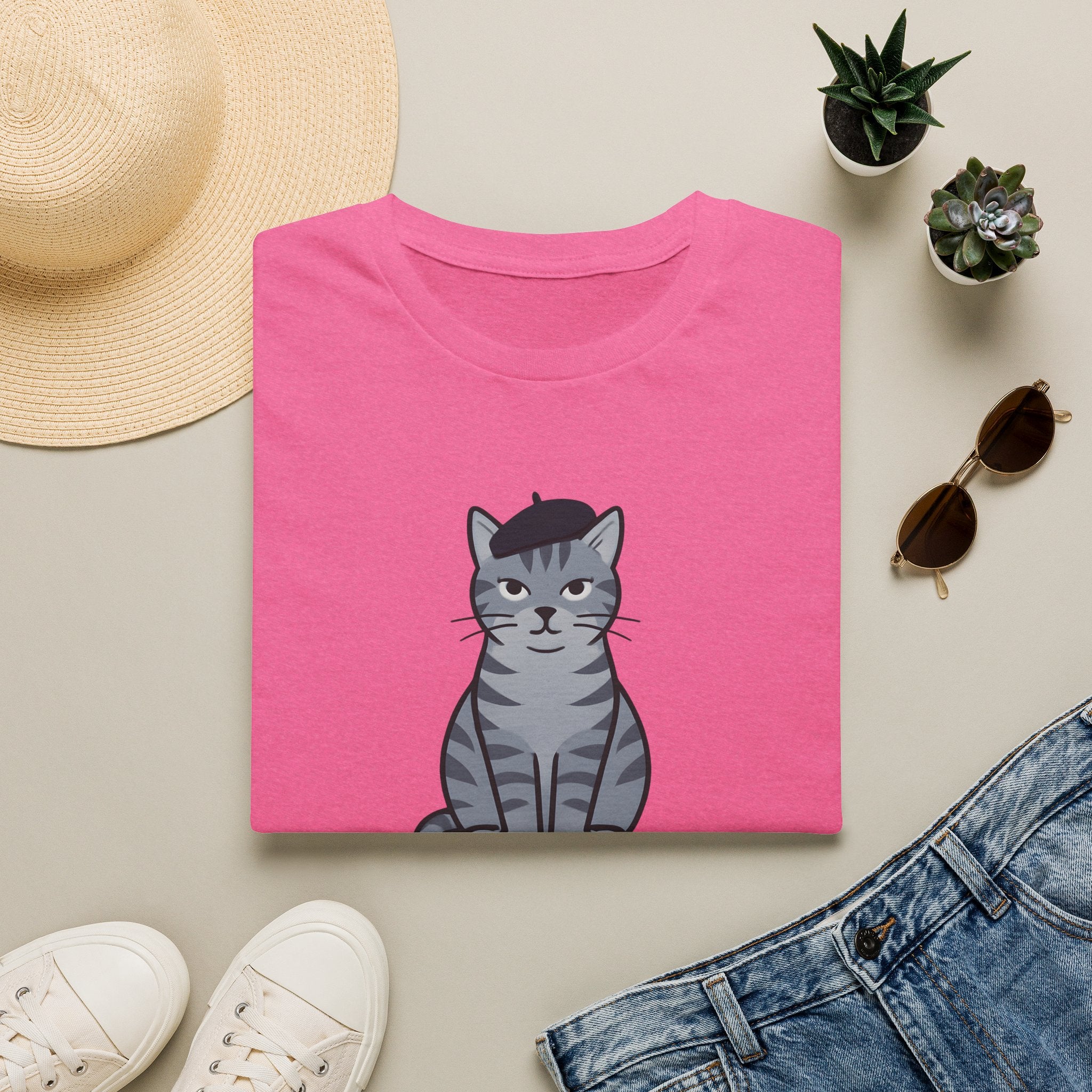 Gray Cat with Beret T-Shirt